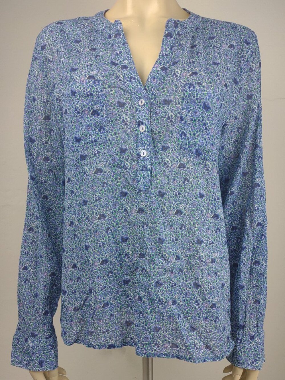 Carve Designs blue green white floral 100% Organic Cotton blouse top ladies XL